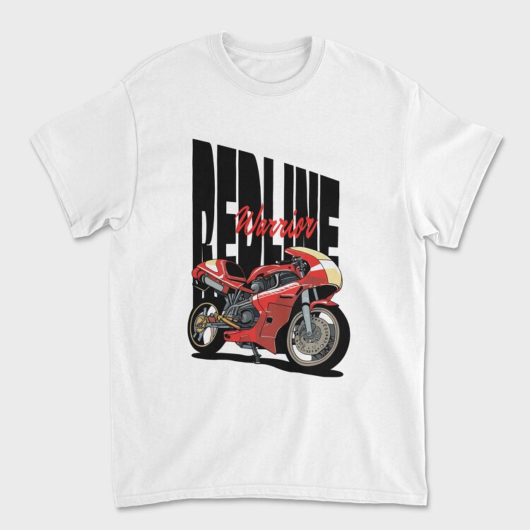 Anime Style Motorcycle Drawing Phrase Redline Warrior, Unisex Men's T-Shirt