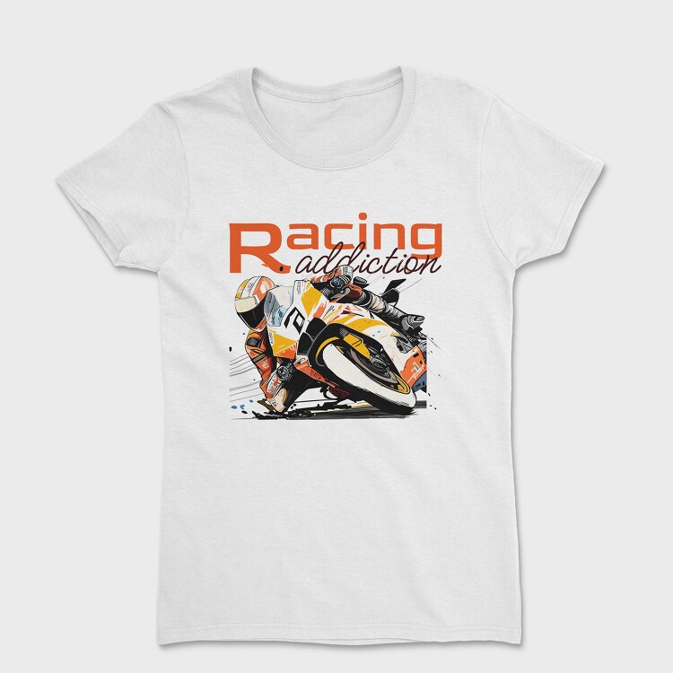 Tilted Competition Motorcycle With Rider Racing Addiction, Дамска Тениска