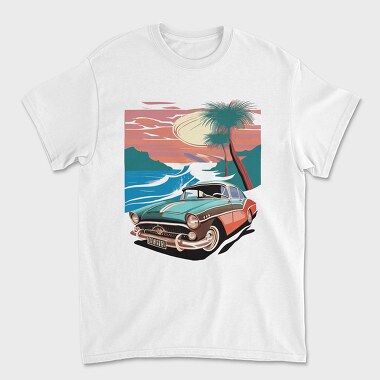 80S Classic Car Sunset Mountains Beach Trees, Unisex Men's T-Shirt