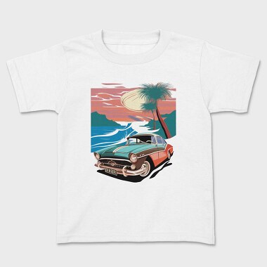 80S Classic Car Sunset Mountains Beach Trees, Kids' T-Shirt