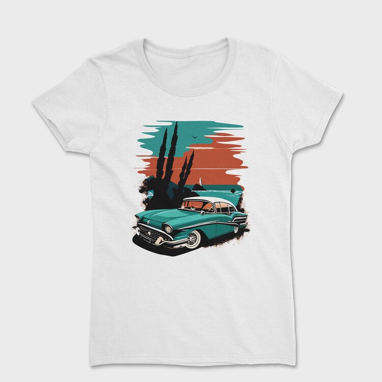 Classic 80S Car Beach Sunset Trees, Women's T-Shirt