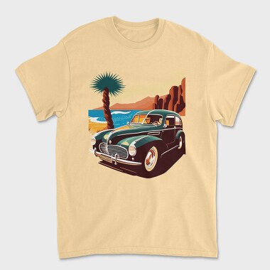 Classic 80S Car Mountains Sunset Beach Trees, Унисекс Мъжка Тениска