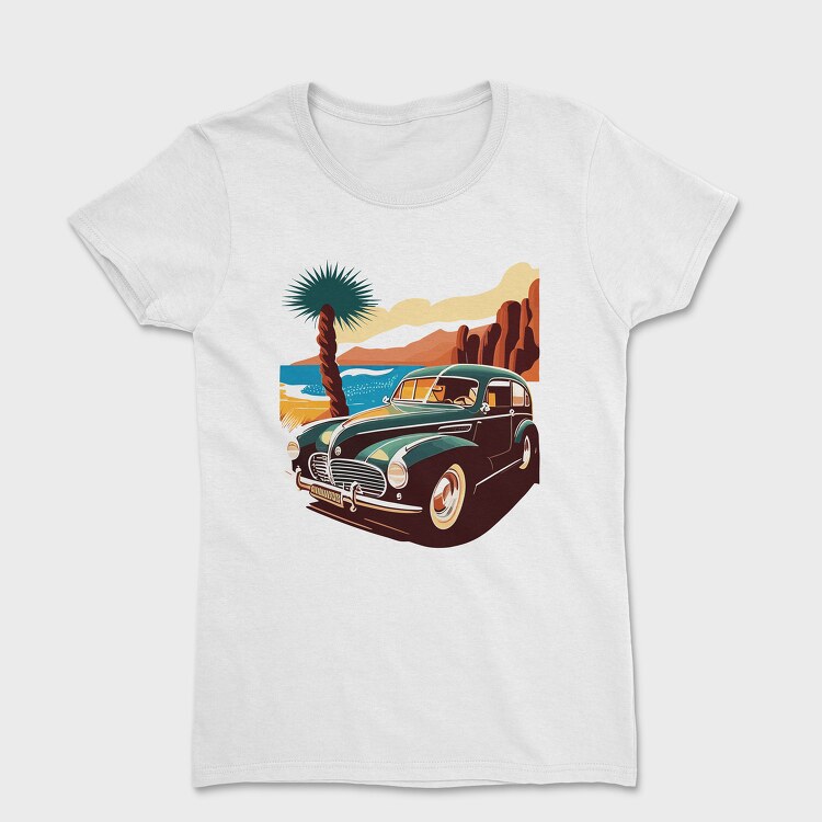 Classic 80S Car Mountains Sunset Beach Trees, Women's T-Shirt