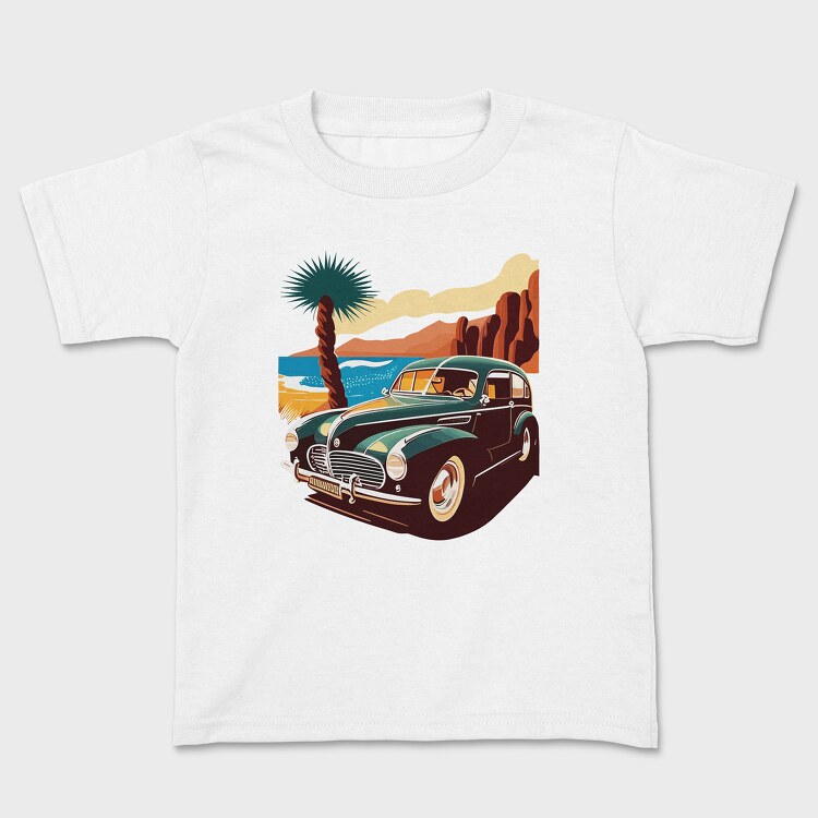 Classic 80S Car Mountains Sunset Beach Trees, Детска Тениска