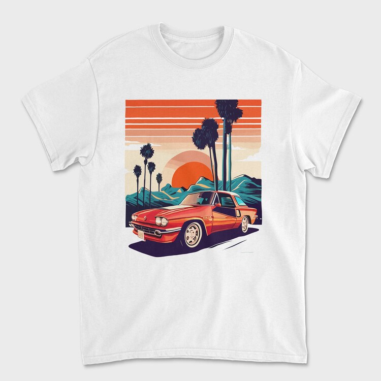 Classic Car Convertible With Mountains and Trees, Унисекс Мъжка Тениска