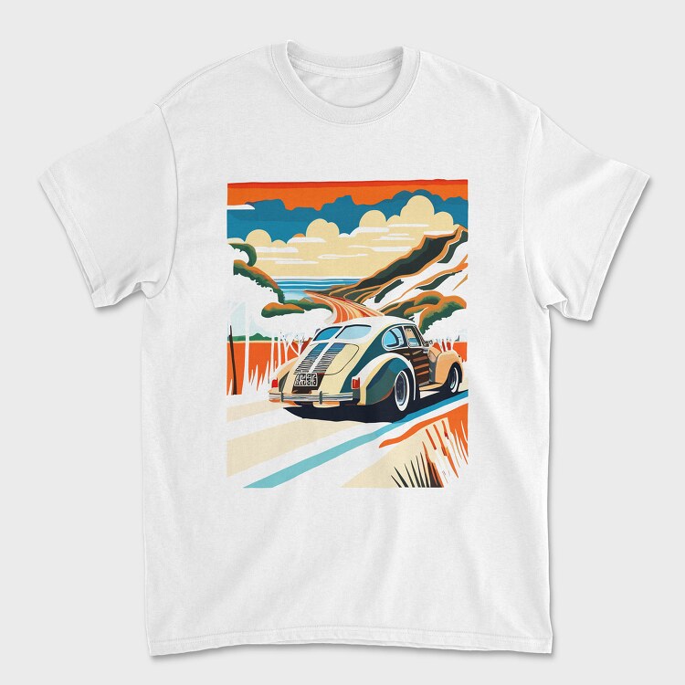Classic Car Mountain Sunset Trees, Unisex Men's T-Shirt
