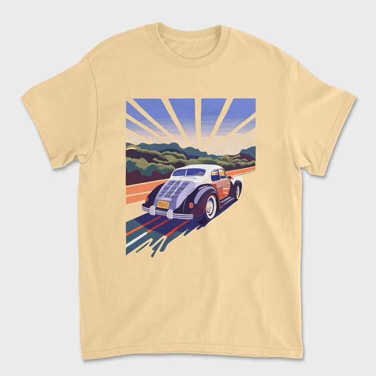 Classic Car Road Trees Sunset, Унисекс Мъжка Тениска