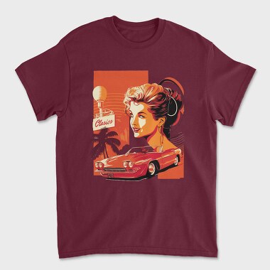 Classic Convertible Car Palm Trees Retro Girl, Unisex Men's T-Shirt