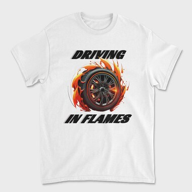 Unisex Men's T-Shirt, Driving in Flames Rims With Flames Line