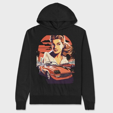 Retro Car Convertible With Girl and Trees, Unisex Men's Hoodie