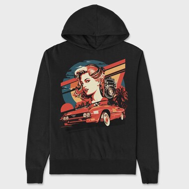 retro car sunset girls, Unisex Men's Hoodie