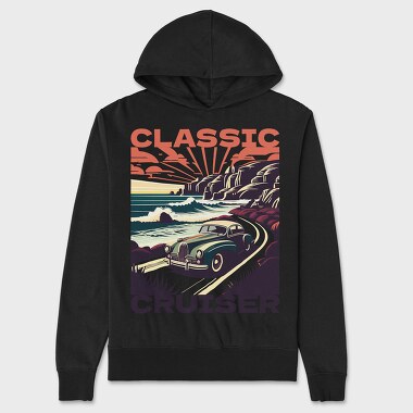 Vintage Car Driving Coastal Road, Unisex Men's Hoodie