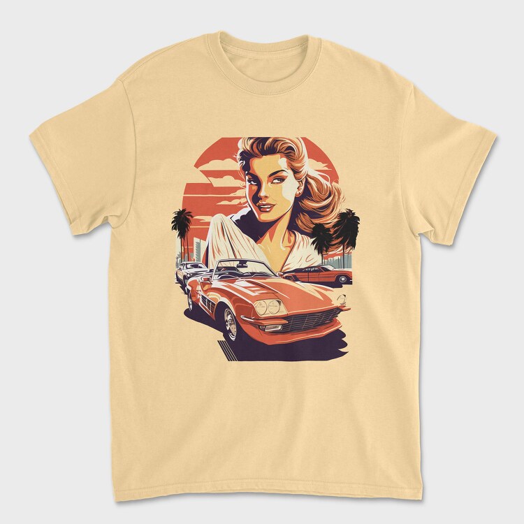 Retro Car Convertible With Girl and Trees, Унисекс Мъжка Тениска