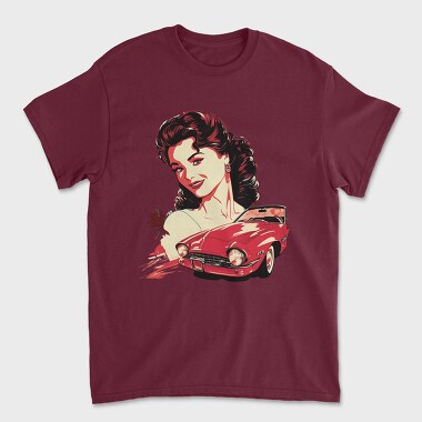 Retro Car Convertible With Girl, Унисекс Мъжка Тениска