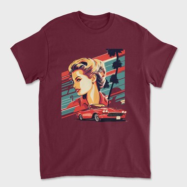 Vintage Car Convertible With Girl and Trees, Unisex Men's T-Shirt