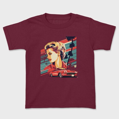 Vintage Car Convertible With Girl and Trees, Kids' T-Shirt
