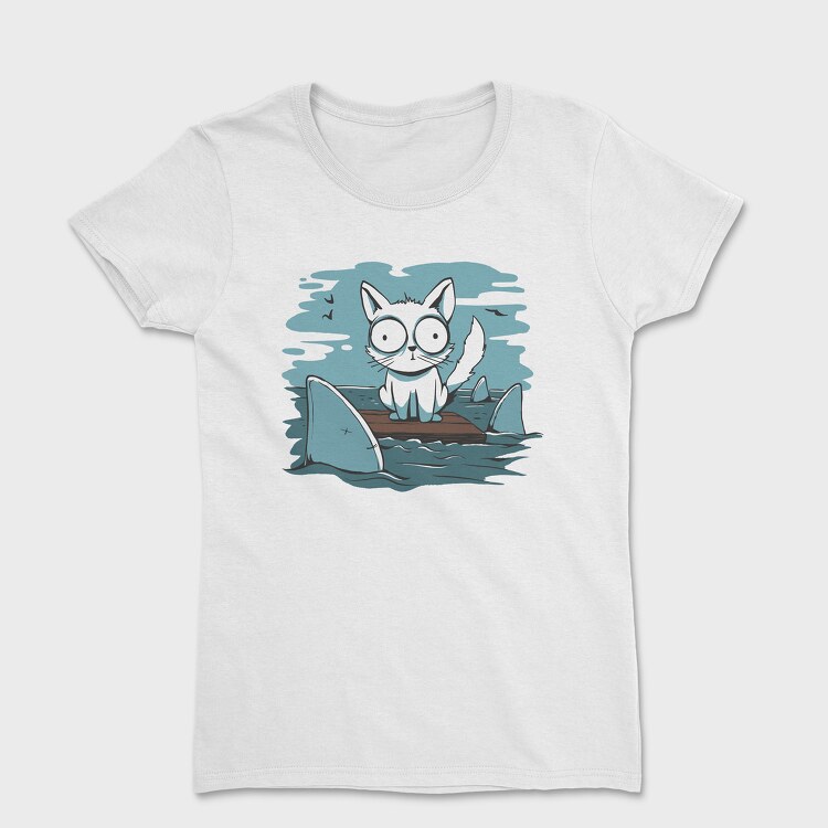 Cat Anxious Sharks Cartoon, Women's T-Shirt