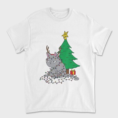 Unisex Men's T-Shirt, Cat Tangled in Christmas Lights