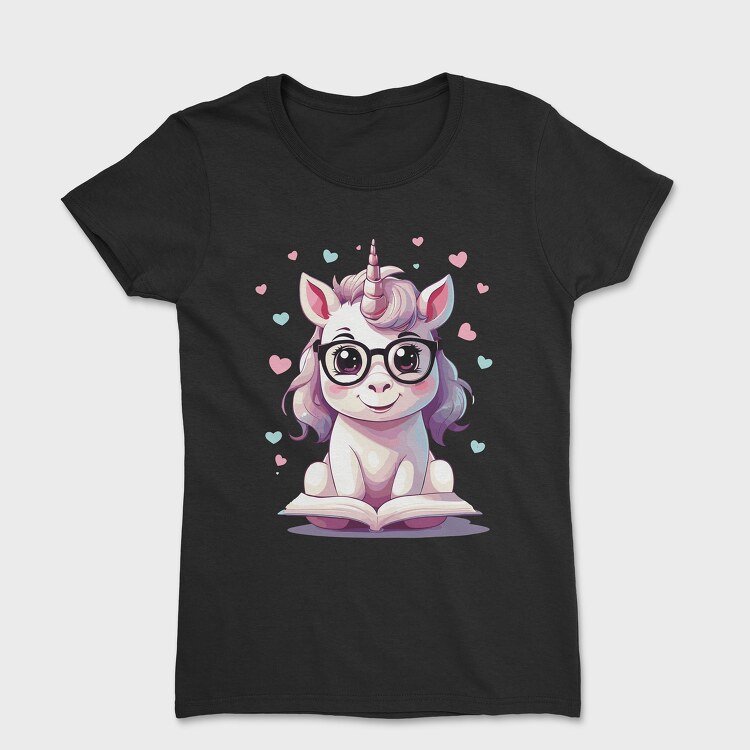 Cute Unicorn Reading, Дамска Тениска