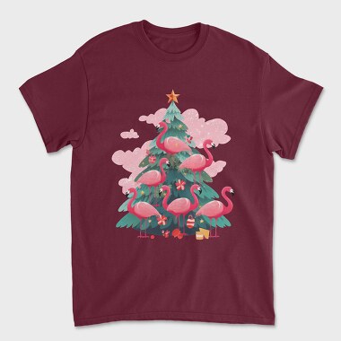 Унисекс Мъжка Тениска, Flamingos Christmas Tree