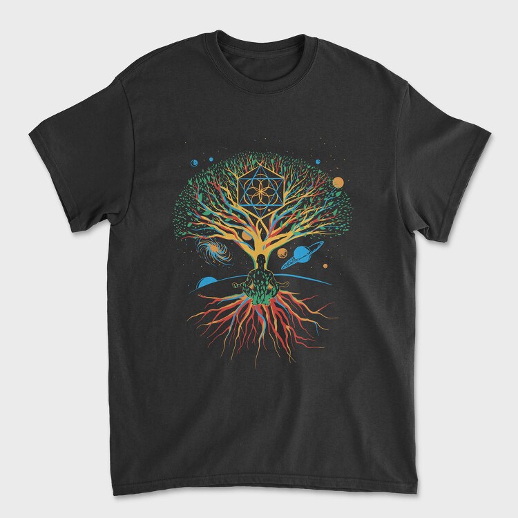 Sacred Geometry Meditating Colorful Magical Tree, Unisex Men's T-Shirt