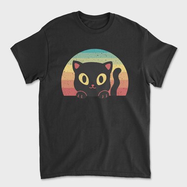 Unisex Men's T-Shirt, Peeking Cat Retro Sunset
