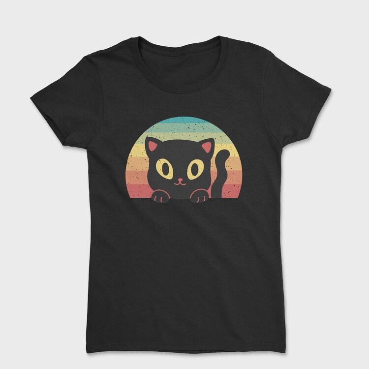 Peeking Cat Retro Sunset, Дамска Тениска