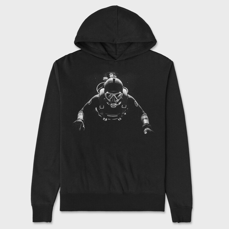 Scuba Diver Monochrome Front View, Unisex Men's Hoodie