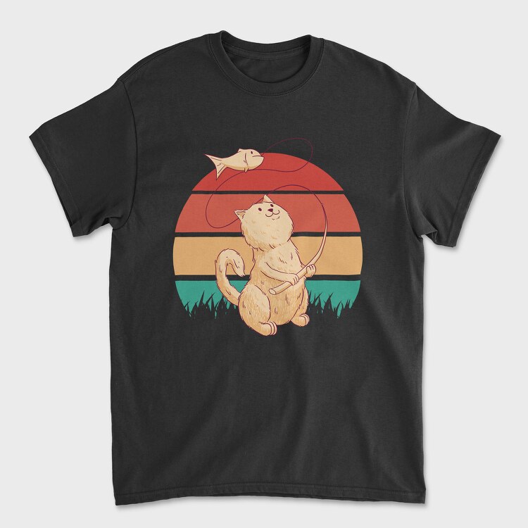 Cat Fishing Retro Sunset, Унисекс Мъжка Тениска