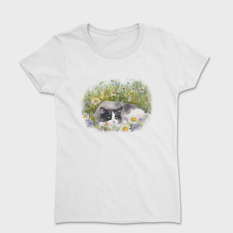 Cat Sleeping in Flower Field, Women's T-Shirt