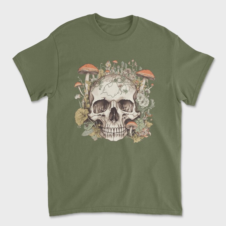 Skull With Mushrooms and Flowers, Unisex Men's T-Shirt