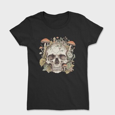 Skull With Mushrooms and Flowers, Women's T-Shirt
