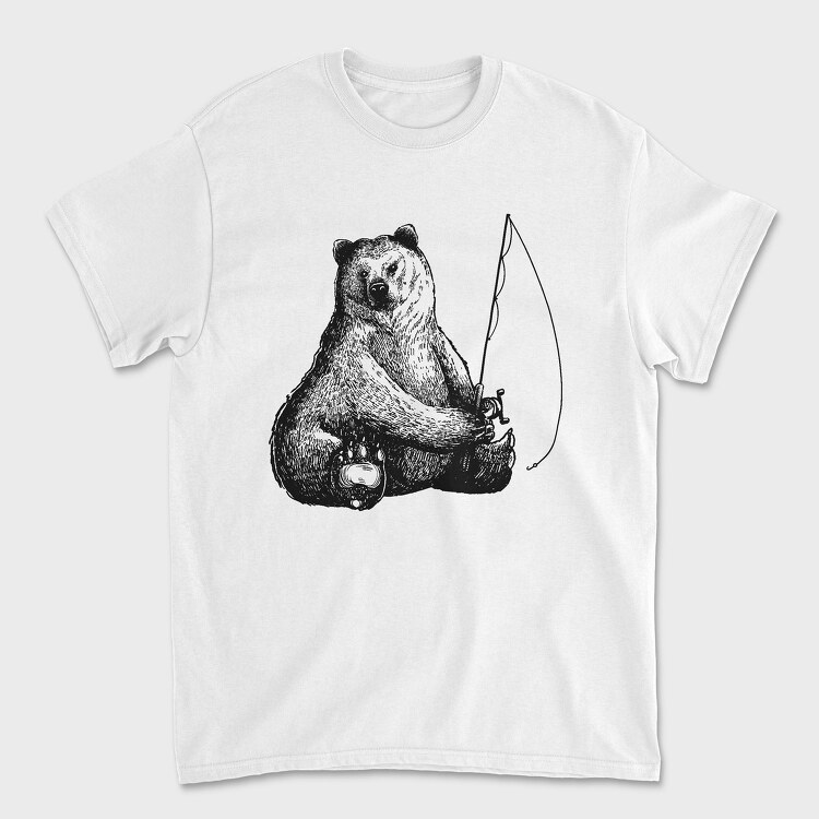 Hand Drawn Bear Fishing, Унисекс Мъжка Тениска