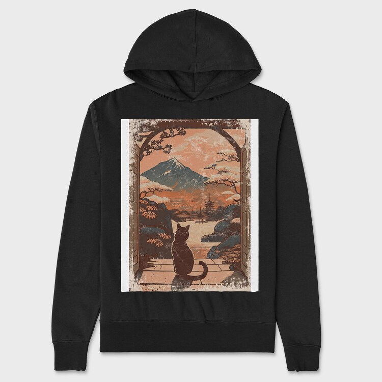 Cat Sitting Traditional Japanese, Unisex Men's Hoodie